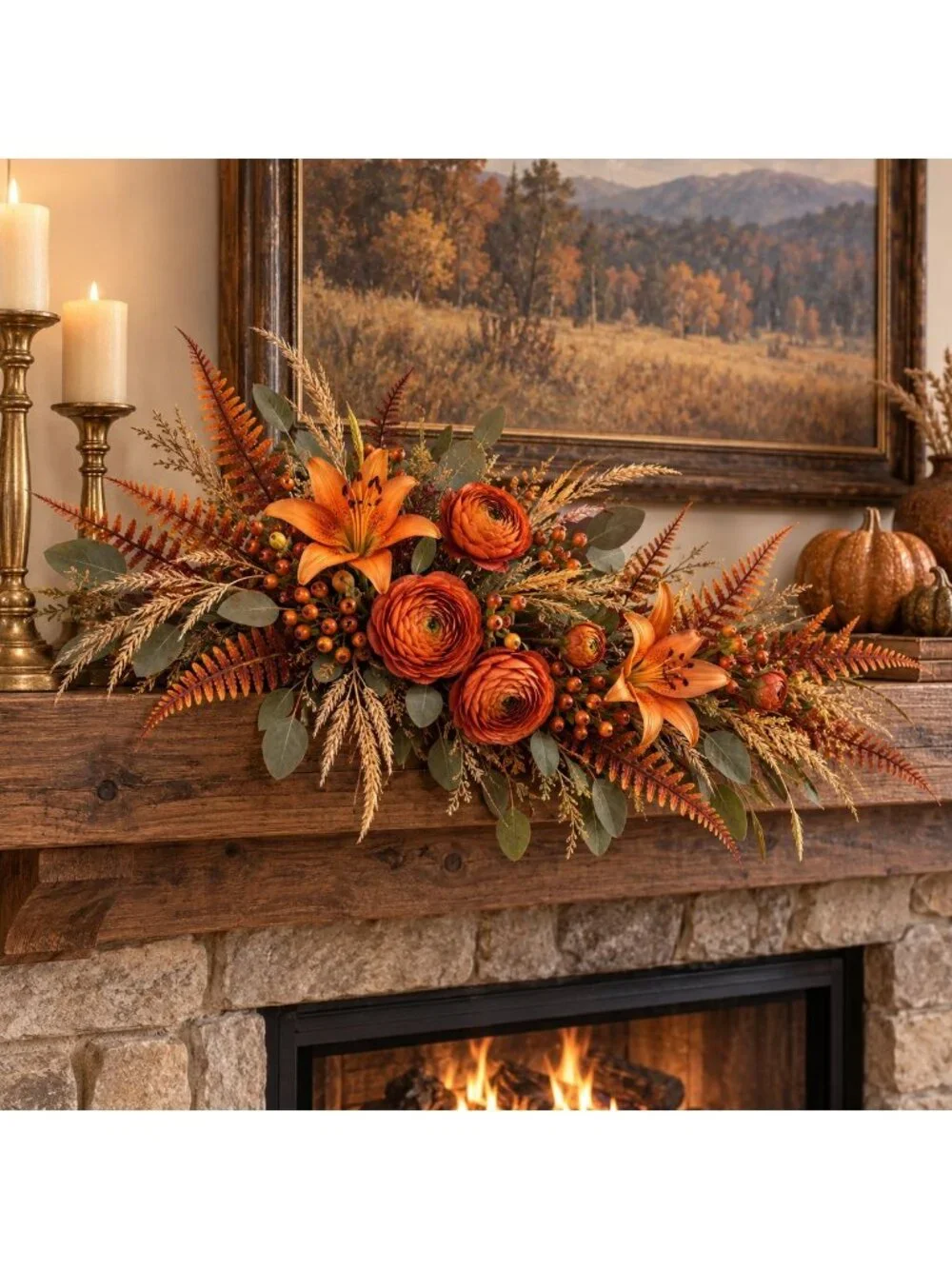 Artificial Fall Fern Stems Set of 7, Faux Orange Rust Brown Fern Picks, 15 Inch